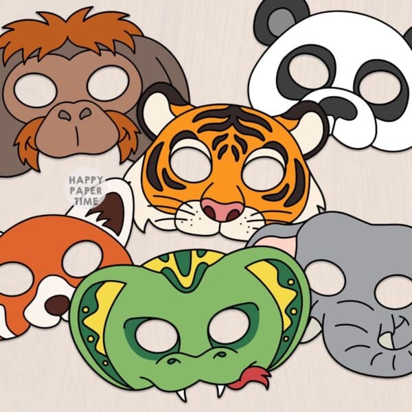 Asian animals masks paper template printable craft costume activity for kids
