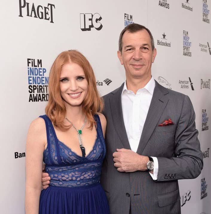 Actress Jessica Chastain (L) and Piaget CEO Philippe Leopold-Metzger attend the 2016 Film Independent Spirit Awards.