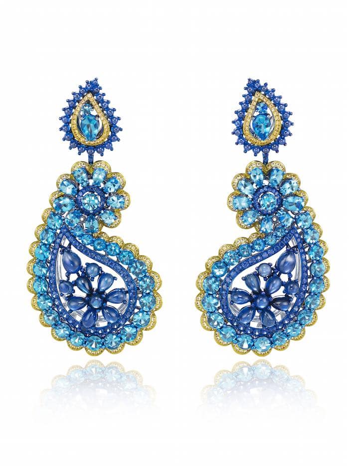Red Carpet Earrings in 18ct white gold and titanium set with brilliant-cut topazes (21.9cts), sapphire cabochons (17.1cts) and orange and blue brilliant-cut sapphires