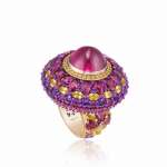Red Carpet Ring in 18ct rose gold and titanium featuring a 9.6cts rubellite cabochon and set with fancy-cut rubellites (12.2cts), fancy-cut yellow sapphires (5.5cts) and brilliant-cut amethysts (2.6cts)