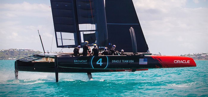 The catamarans used in the races have high-tech hydrofoils that enable them to raise out of the water and fly across it. (Photo: R. Naas)