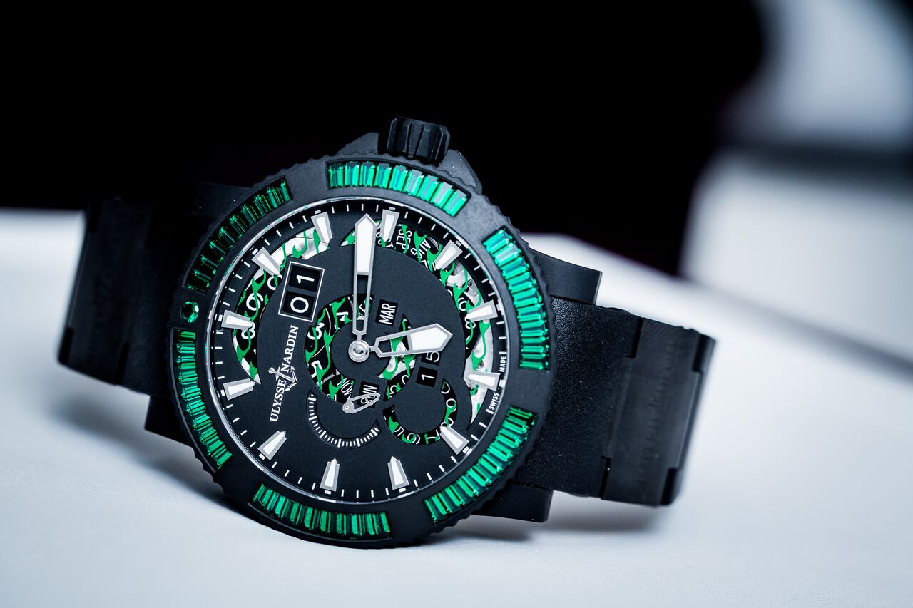 When lifestyle meets diving: This Ulysse Nardin Marine features a perpetual calendar and a gemstone set bezel yet is underneath it all still a very capable (but perhaps not very practical) diving watch