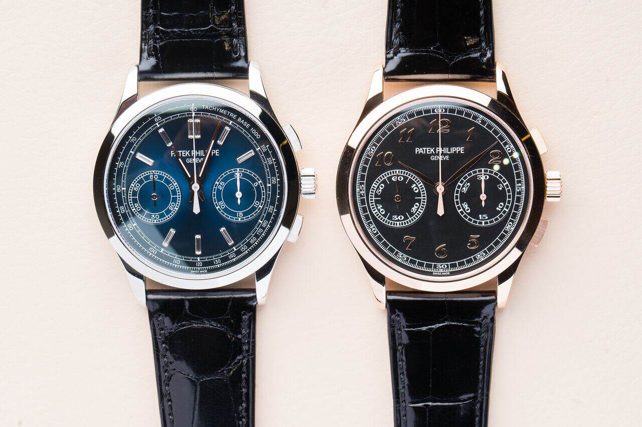 What a difference a dial can make! The Ref.5170P (left) next to its gold sibling