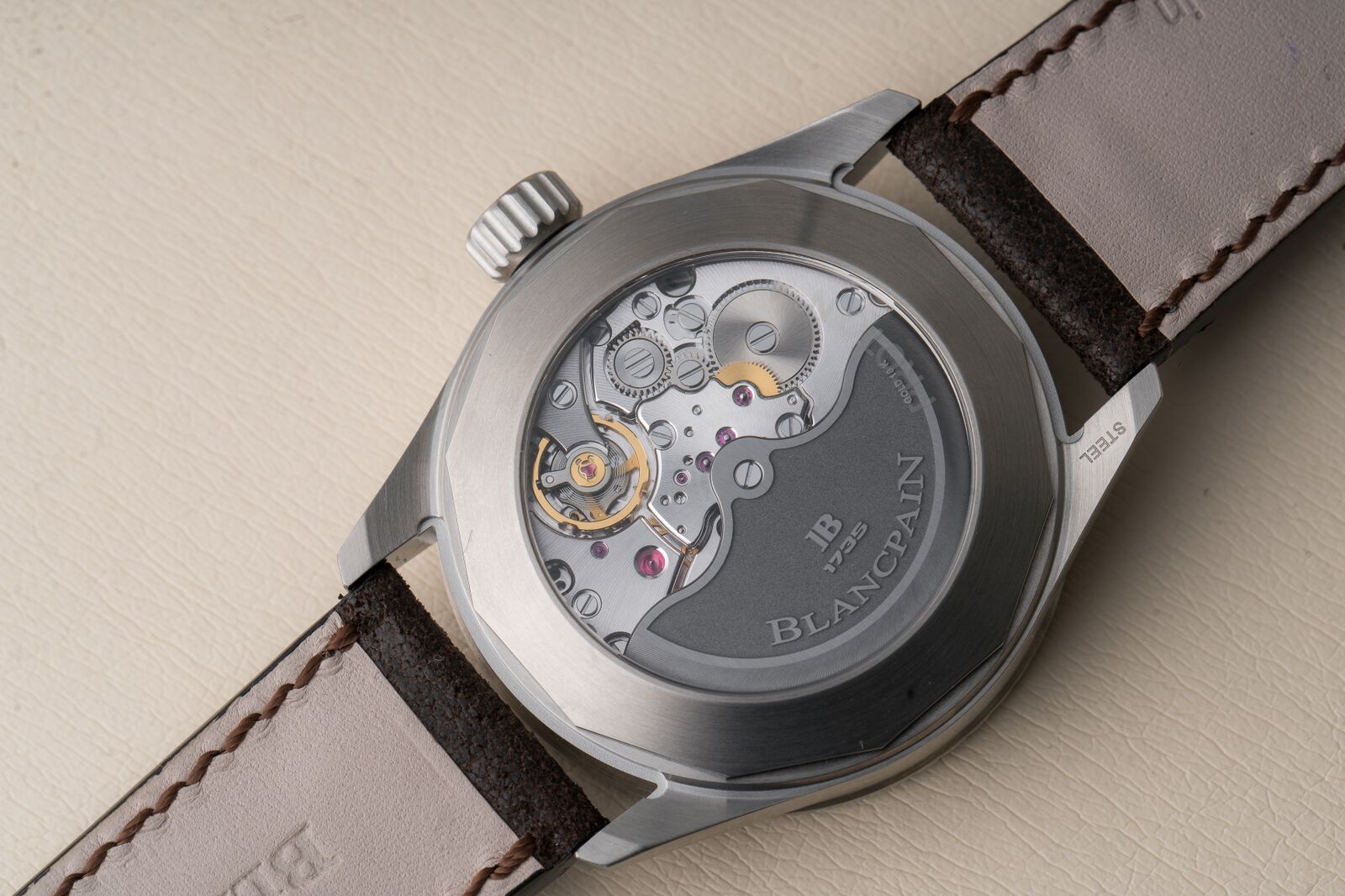 The back of the Blancpain Fifty Fathoms Bathyscaphe Day Date 70s