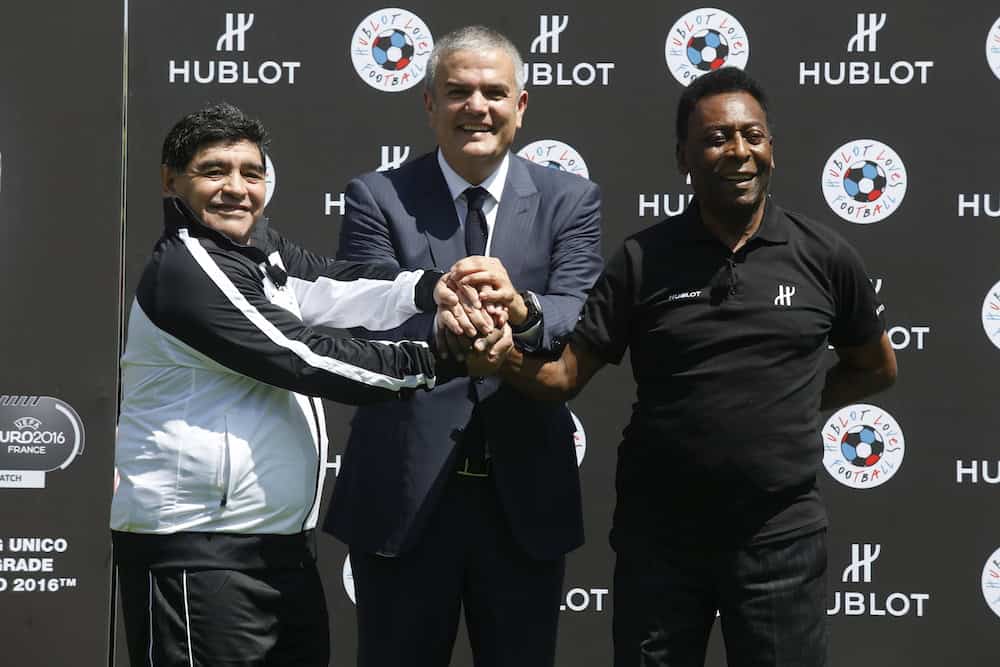 From L to R : Diego Armando Maradona, retired Argentine professional footballer and coach, Ricardo Guadalupe, Hublot CEO and Edson Arantes do Nascimento, known as Pelé, retired Brazilian professional footballer and coach show Hublot watches during the football match of friendship with Pelé and Maradona sponsored by Hublot in Paris, France on 9th of June 2016.