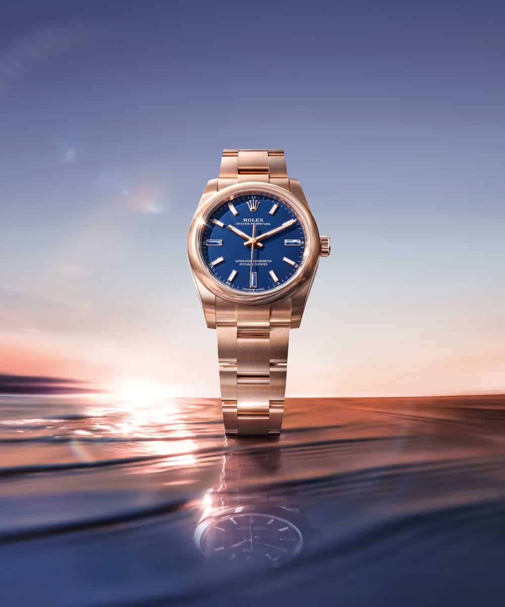 Rolex Oyster Perpetual 28 and 34 with natural stone lacquer dials and heliotrope and dumortierite hour markers