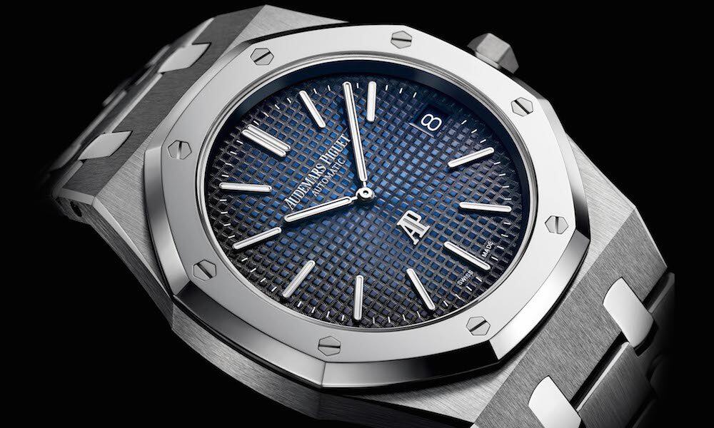 Audemars Piguet Royal Oak Jumbo Extra-Thin in stainless steel with blue tapisserie dial