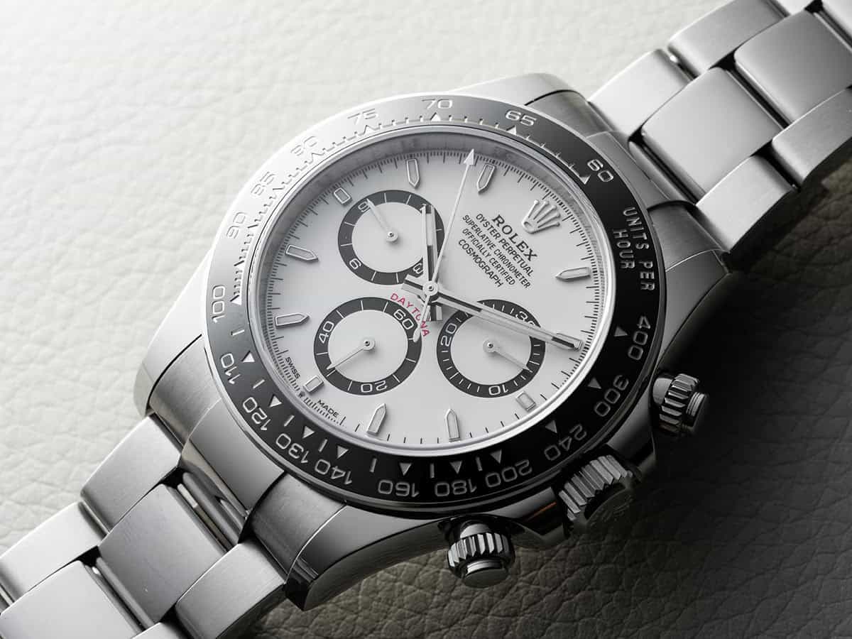 Rolex Cosmograph Daytona in stainless steel with white dial and black ceramic bezel
