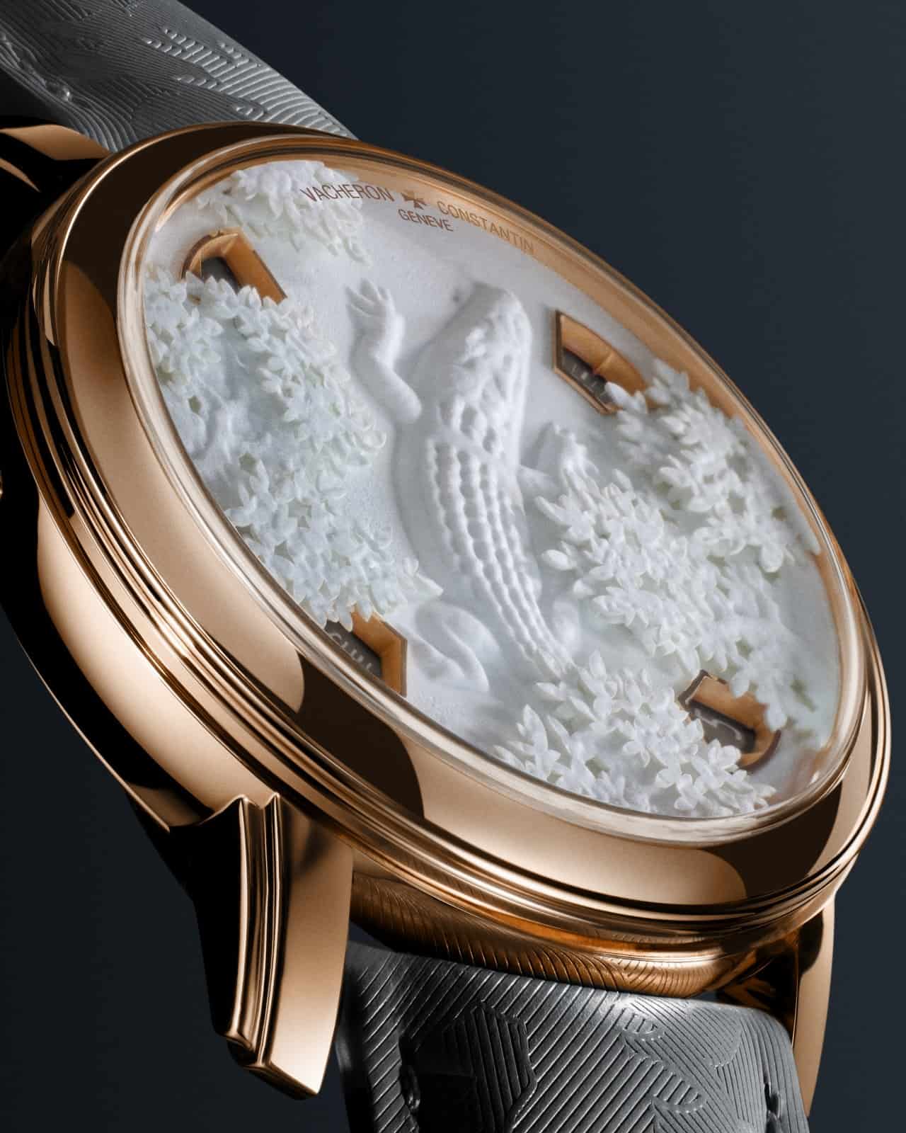 Vacheron Constantin Metiers d Art Tribute to the Animal Kingdom Papercroc dial sculpted from white cotton paper by Marianne Guely