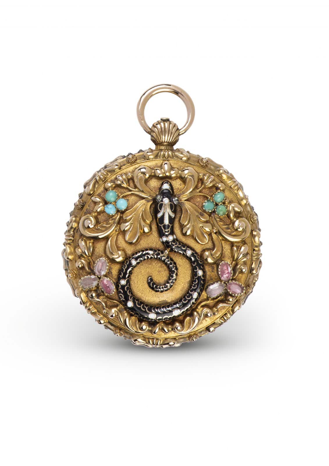 Vacheron Constantin reference 10200 pocket watch from 1826 in 18K yellow gold with a black enameled serpent, turquoises and amethysts