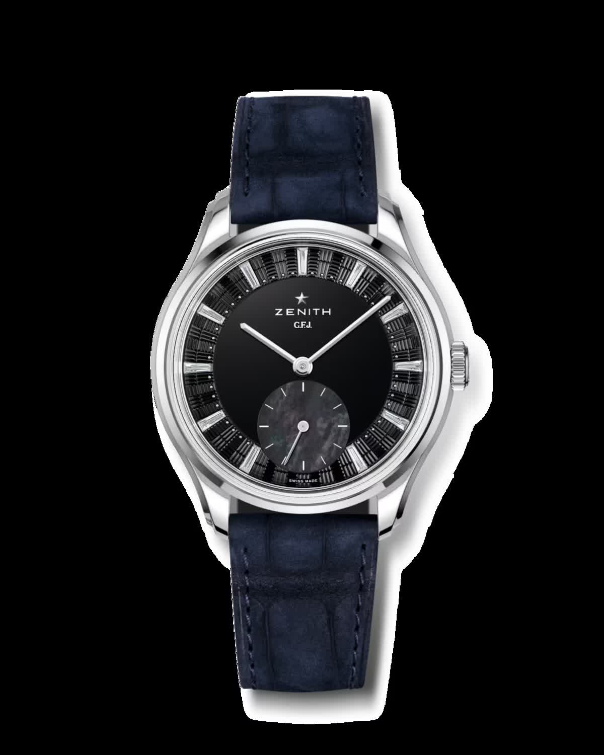 Zenith G.F.J. Tantalum with black onyx dial, baguette diamond indexes and blue alligator strap