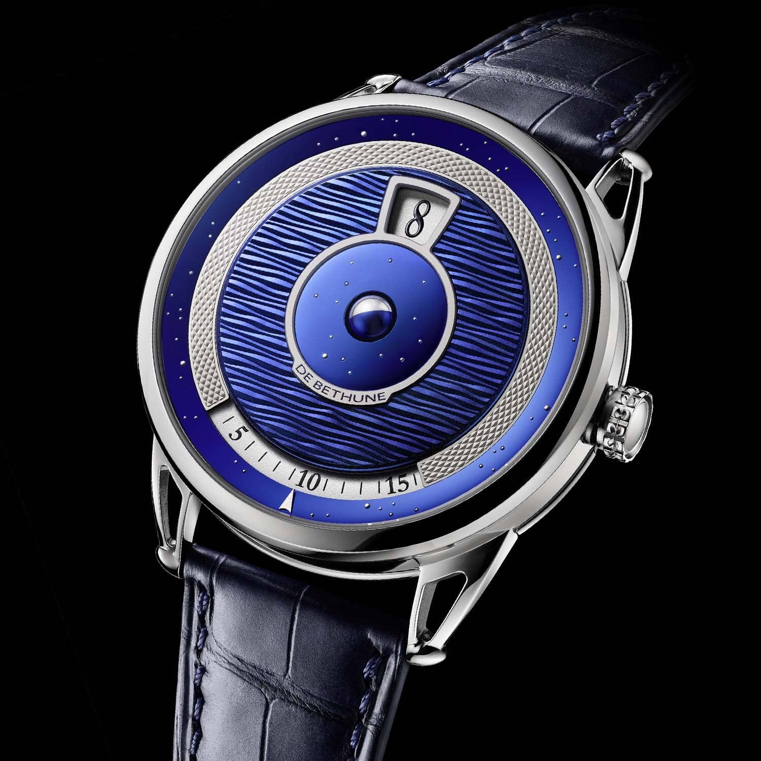 De Bethune DB25 Digitale jumping hour watch with blue guilloche dial and spherical moonphase
