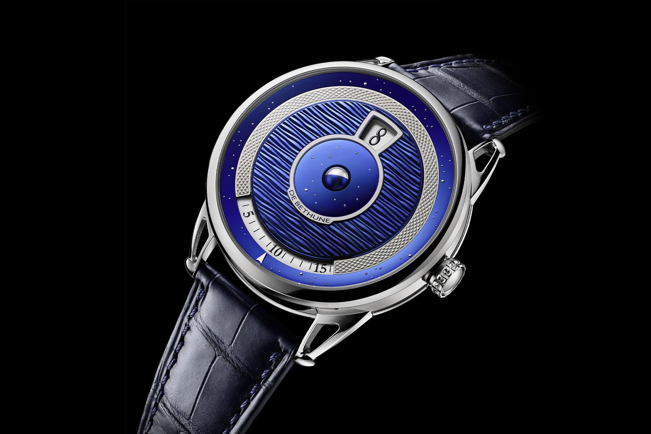Close-up of the De Bethune DB25 Digitale dial with hand-guilloche finish