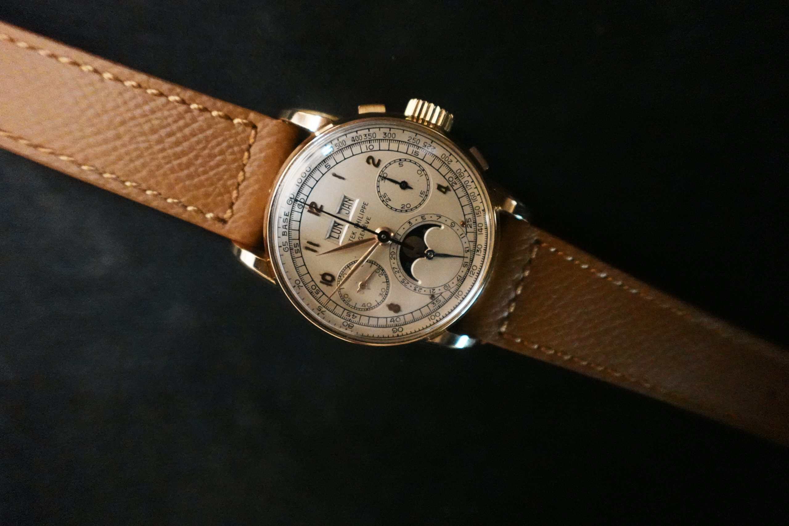 Patek Philippe Ref. 2499 First Series perpetual calendar chronograph in pink gold, close-up of the dial
