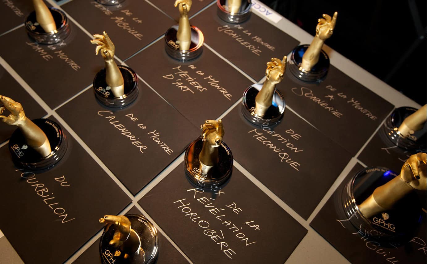 GPHG awards trophies arranged on a table ahead of the ceremony in Geneva