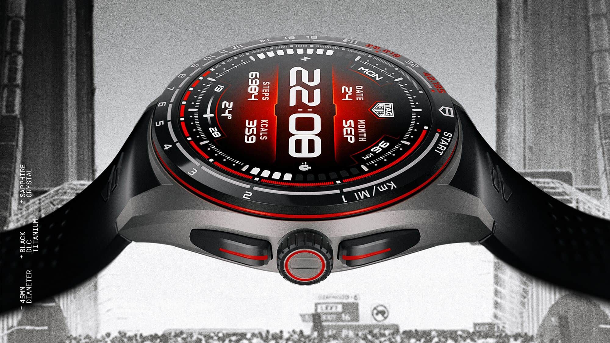 TAG Heuer Connected Calibre E5 Running Edition shown in profile against a bridge backdrop