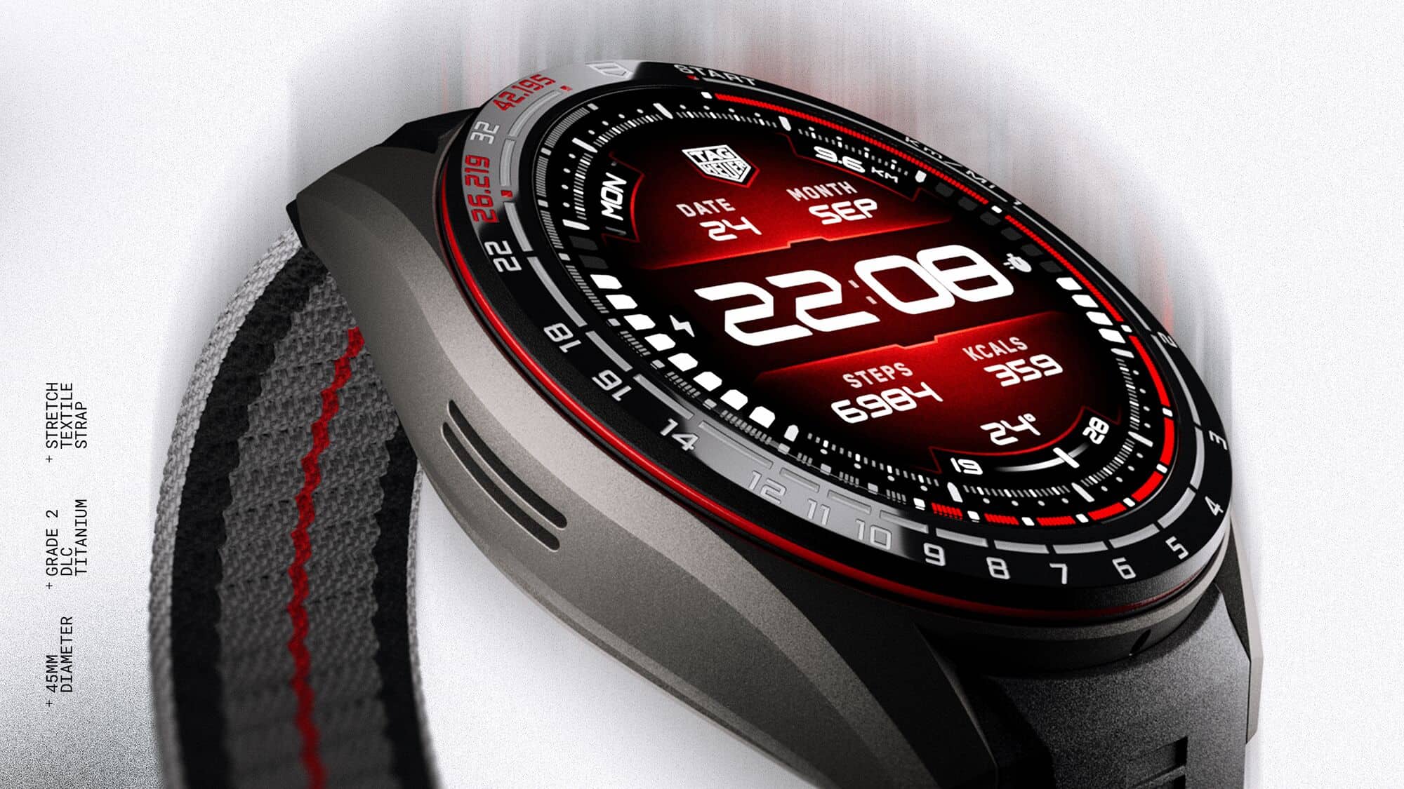 TAG Heuer Connected Calibre E5 Running Edition smartwatch in sandblasted titanium with red and gray stretch strap