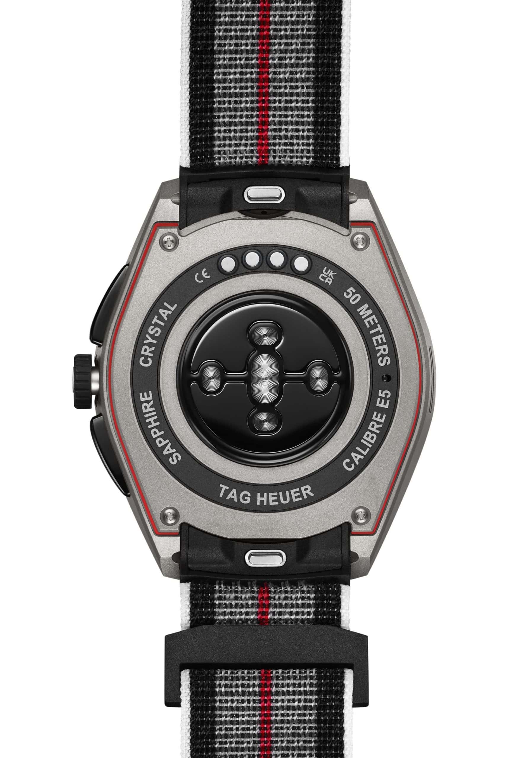 Caseback of the TAG Heuer Connected Calibre E5 Running Edition showing the heart-rate sensor
