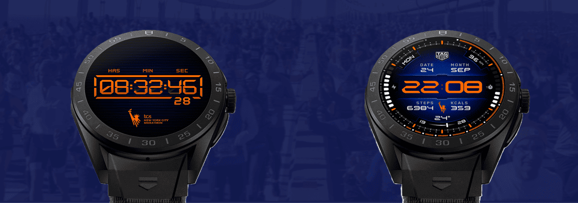 Timekeeping x NYRR and TRKR x NYRR digital watch faces on the TAG Heuer Connected Calibre E5