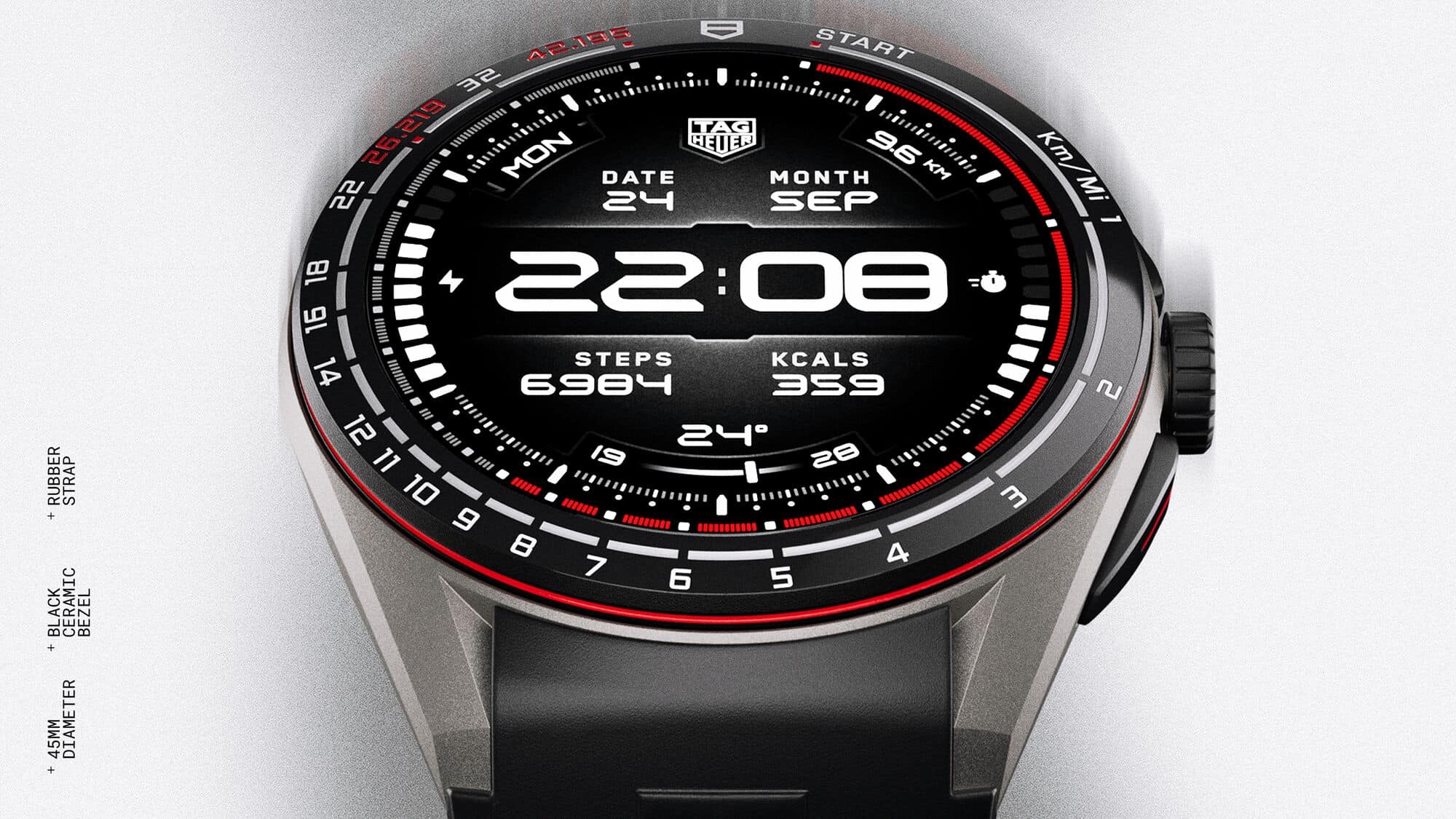 TAG Heuer Connected Calibre E5 Running Edition dial with date, steps, and calories display
