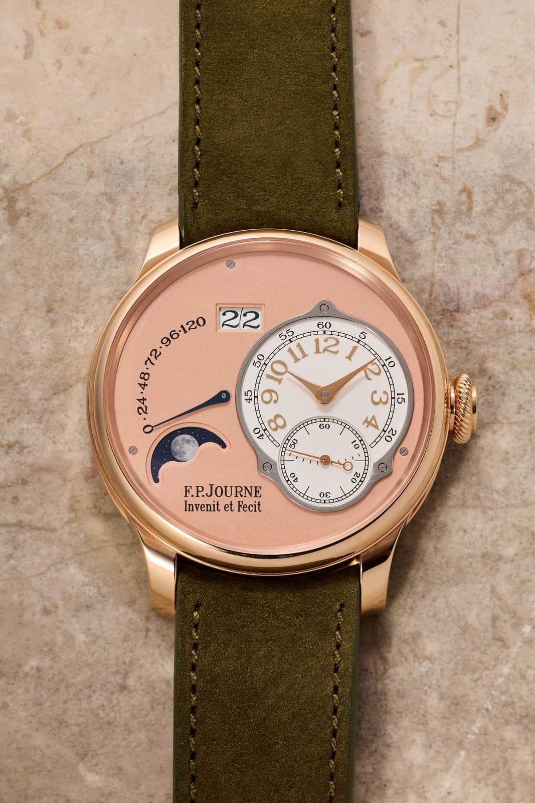 F.P. Journe Octa Lune in pink gold with pink gold dial, moon phase, and oversized date on a green strap