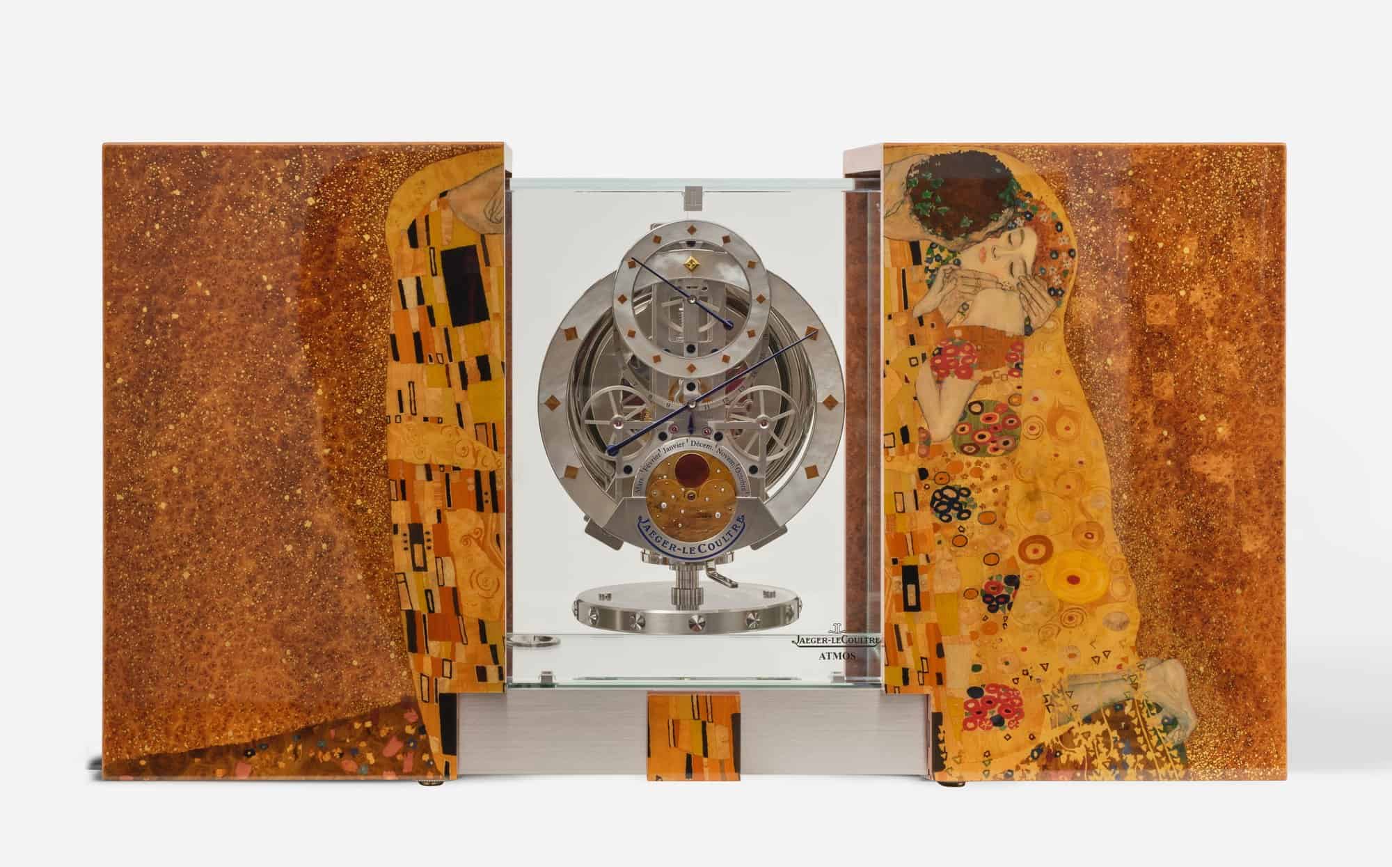 Jaeger-LeCoultre Atmos Marqueterie Gustav Klimt clock with gilded wood marquetry doors open around the movement