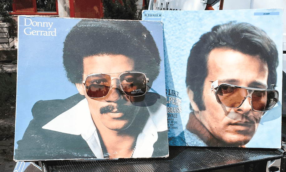 Sunglasses presented in pictures of men with a retro look