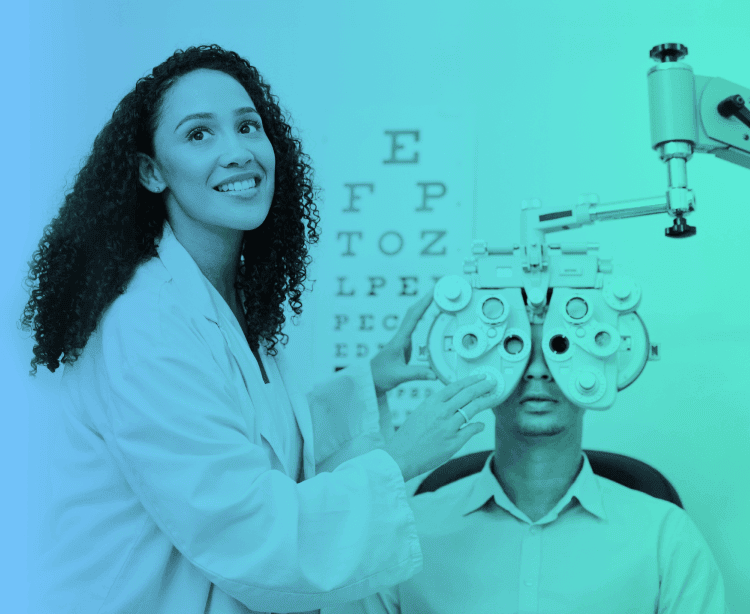An optometrist giving an exam to a patient