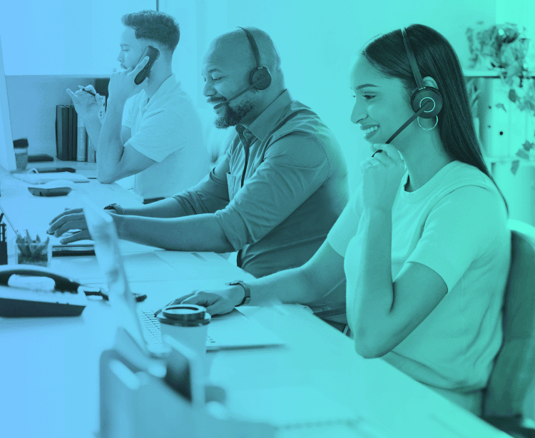 image of a call center with a light blue and green overlay