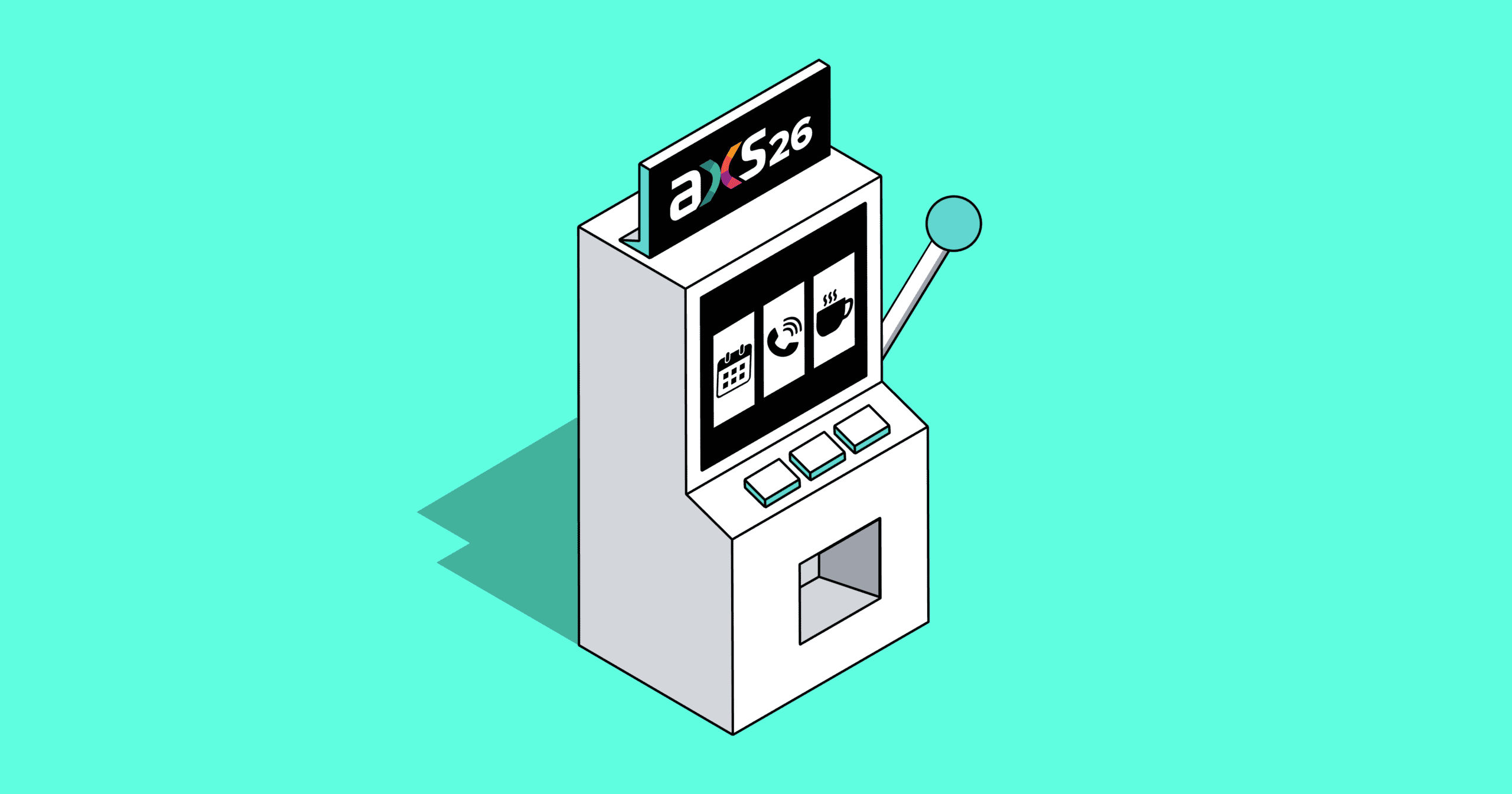 An illustration of a slot machine that says AXS26 on its screen, appearing on a teal background.