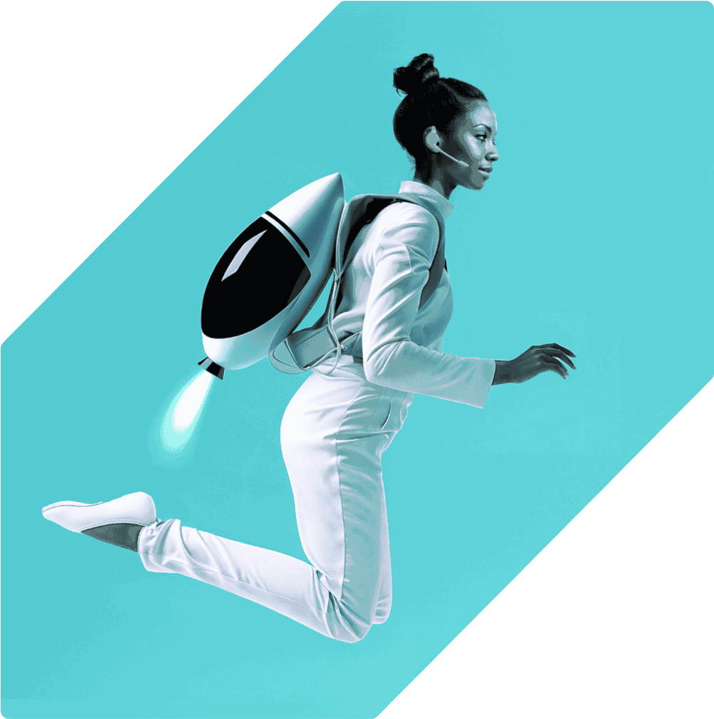 image of a call center agent wearing a futuristic jetpack and hovering in the air