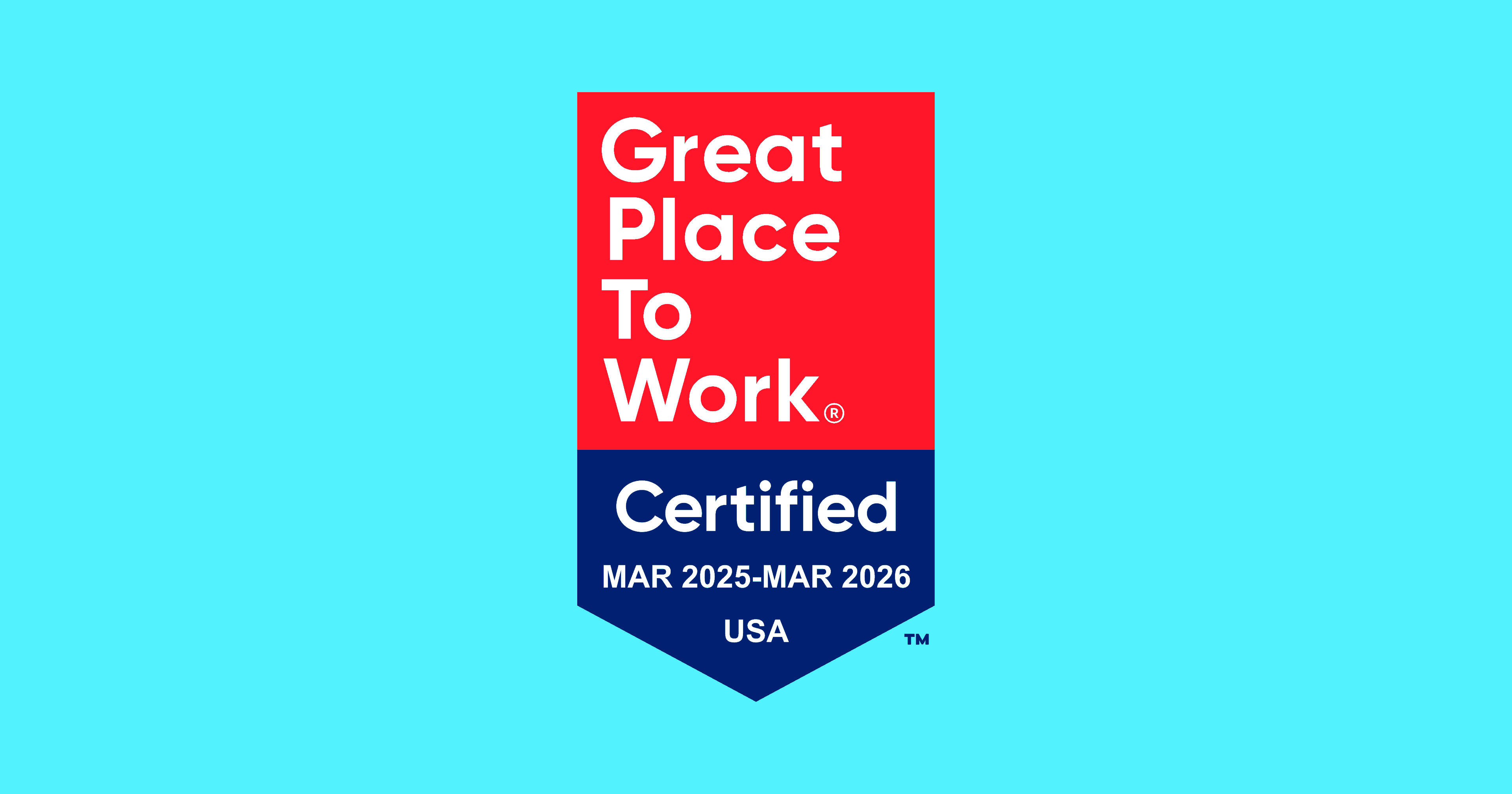 The "Great Place to Work Certified" banner appears on a teal blue background.