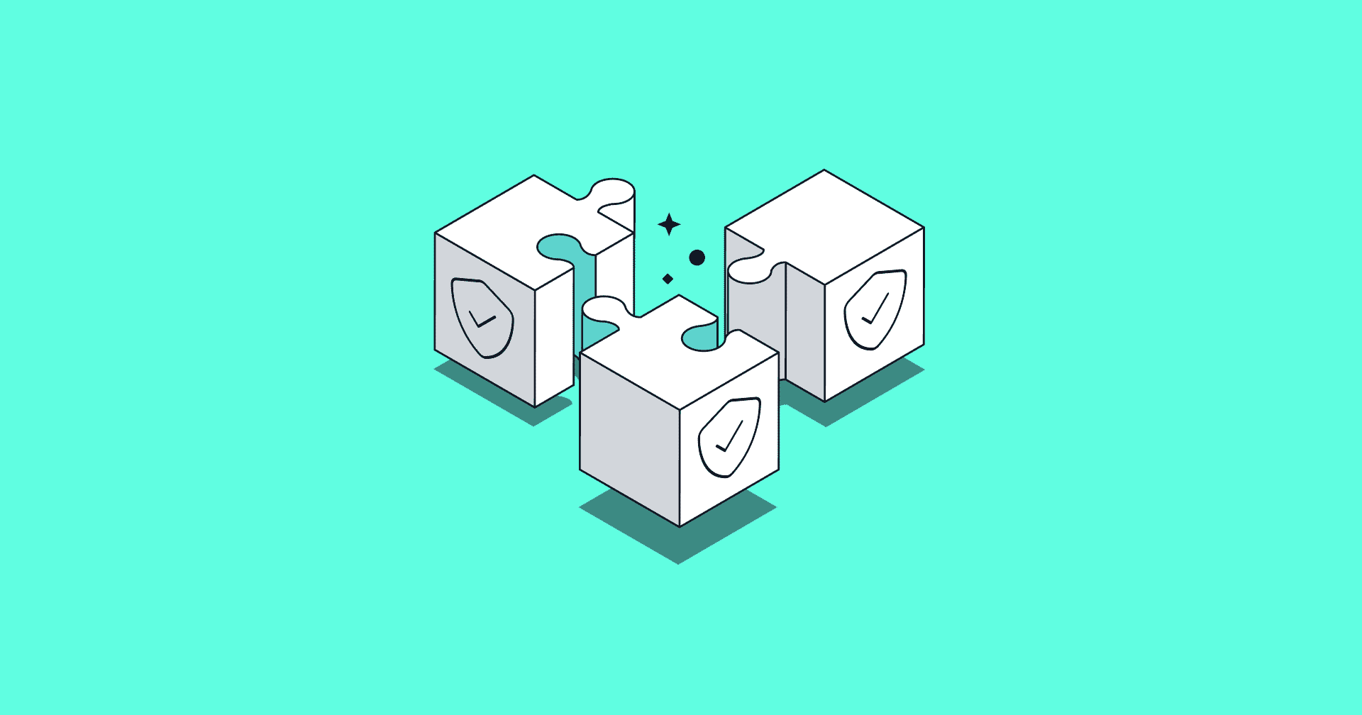 An illustration of three three-dimensional puzzle pieces that are separated, but clearly fit together.