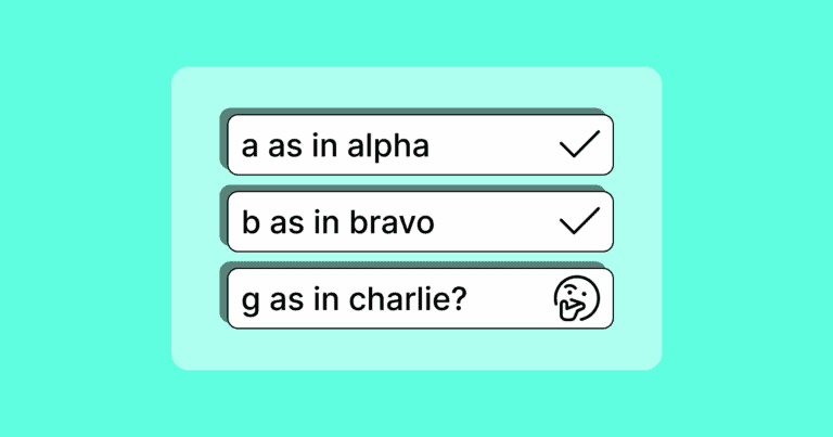 An illustration that says "a as in alpha" "b as in bravo" and "g as in charlie" to communicate error detection, on a teal background.