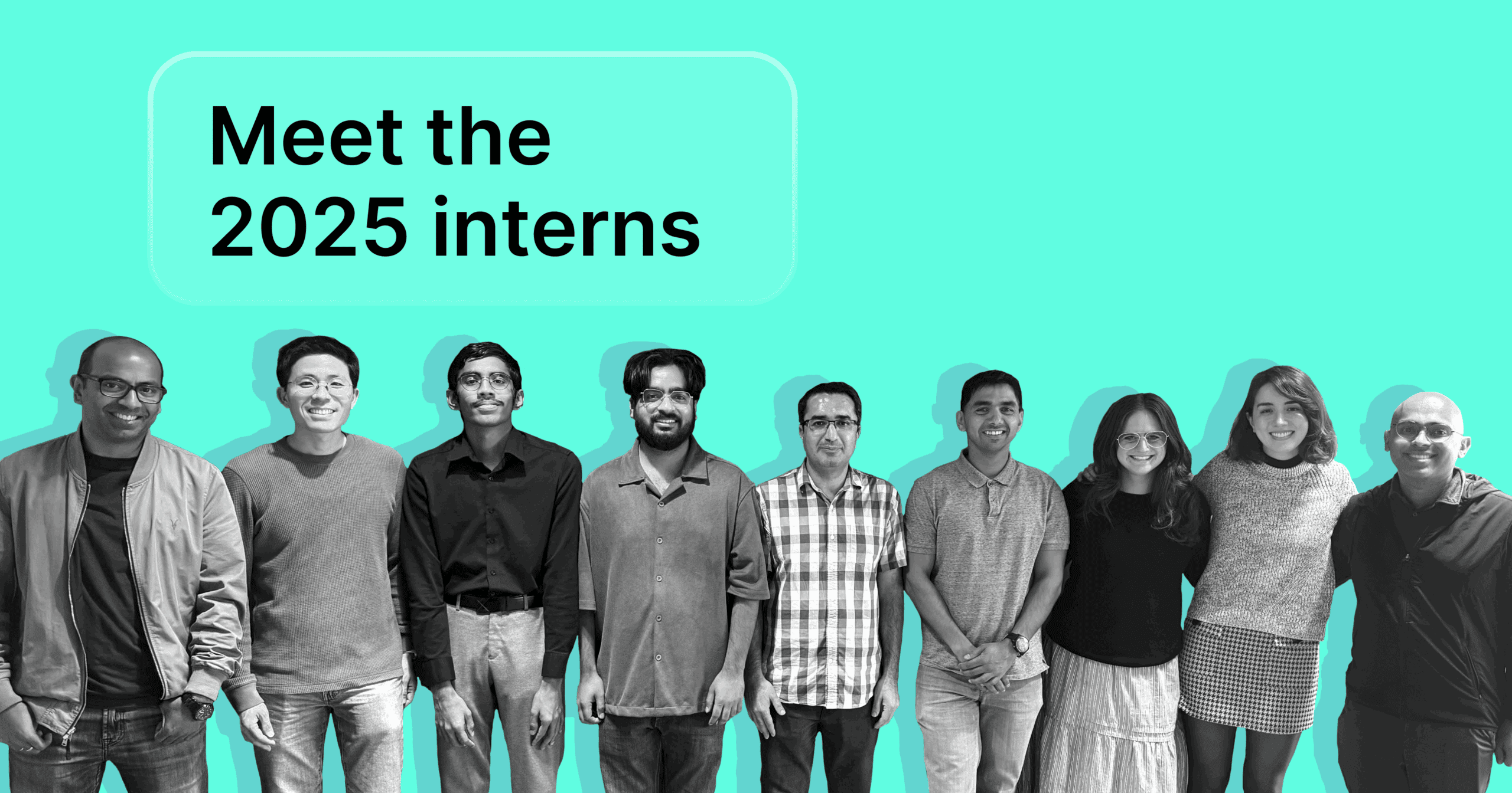 A black-and-white photo of the 2025 class of Infinitus interns on a light green background.