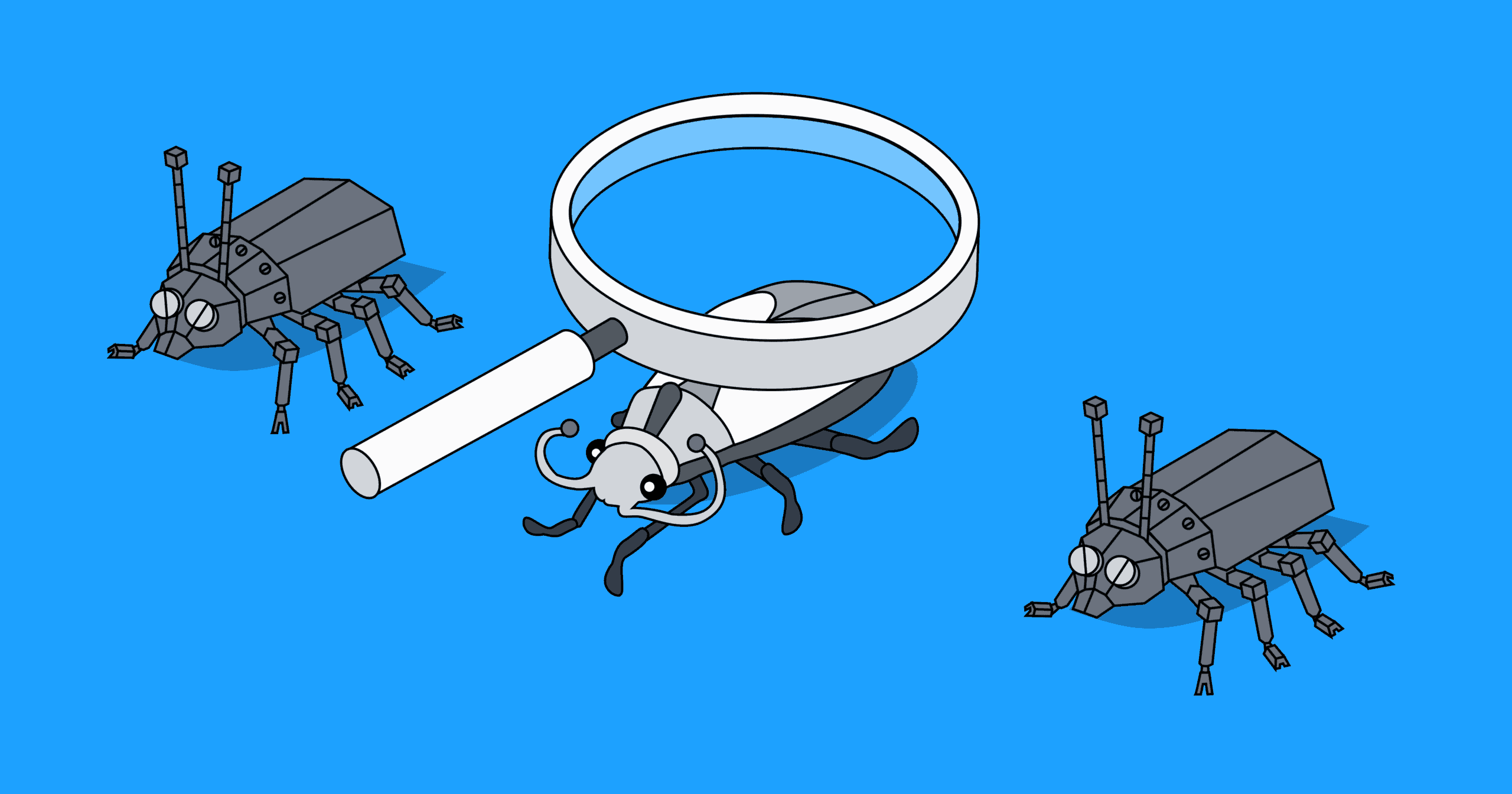 A magnifying glass appears over a series of beetles, two robotic and one real. It all appears on a blue background.
