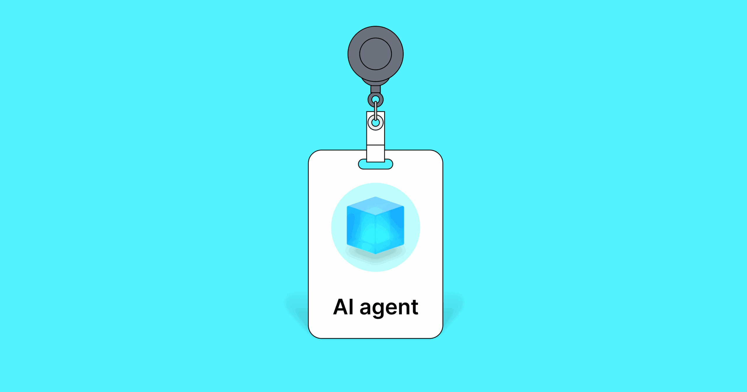 A nametag that reads "AI agent" appears on a teal background.