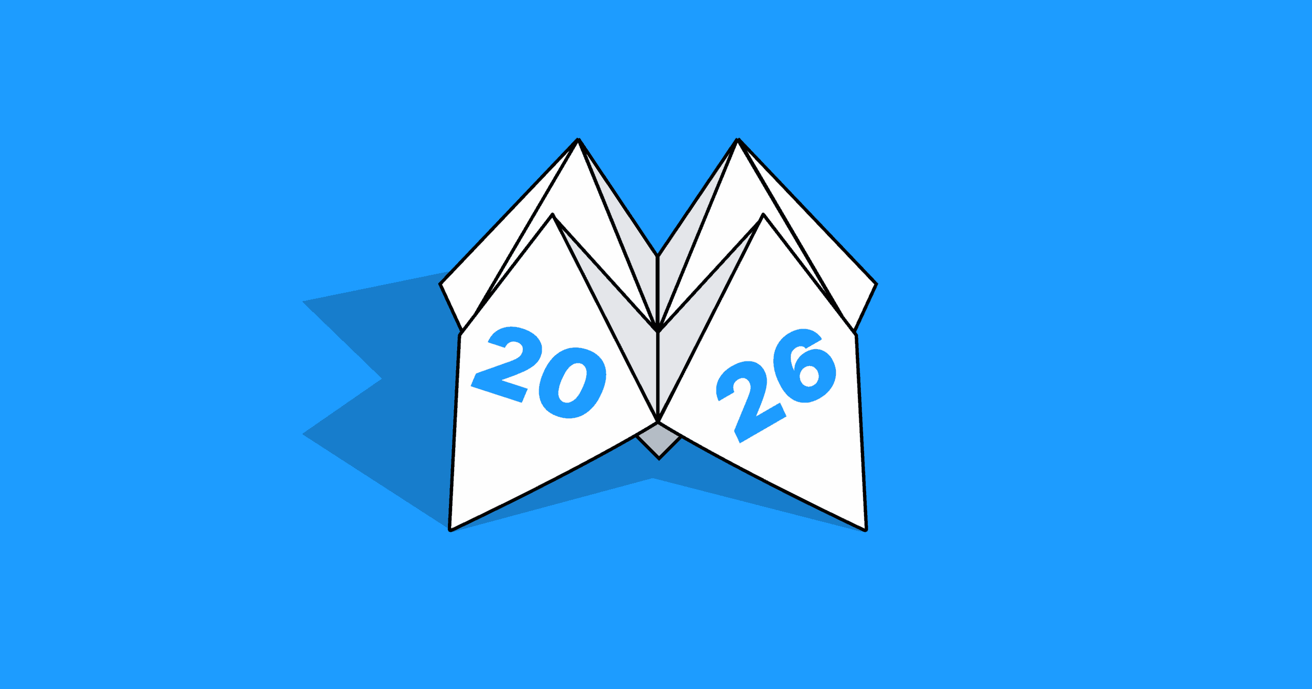 An illustration of an origami fortune teller on a blue background. The year 2026 appears on the fortune teller.