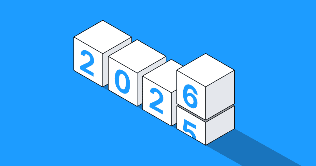 An illustration of blocks with numbers flipping from 2025 to 2026 appears on a blue background.