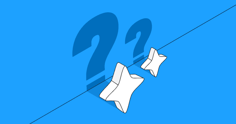 The shadows of two question marks are laid across a wall in this illustration, emanating from the symbol for AI.