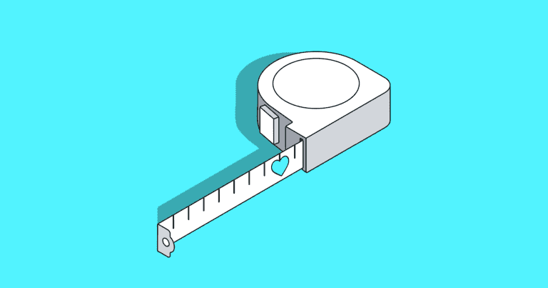 An illustration of a tape measurer on a light blue background.