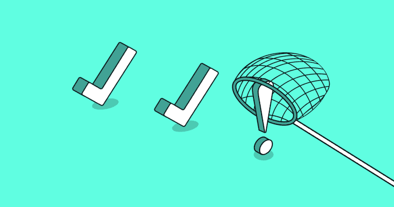 An illustration of two check marks, followed by an explanation point being captured by a net, appears on a teal background.
