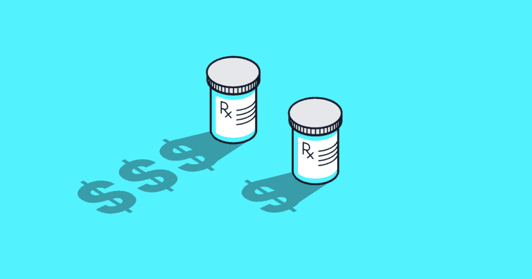 An illustration of two pill bottles, with shadows cast in the shape of dollar signs on a light blue background.