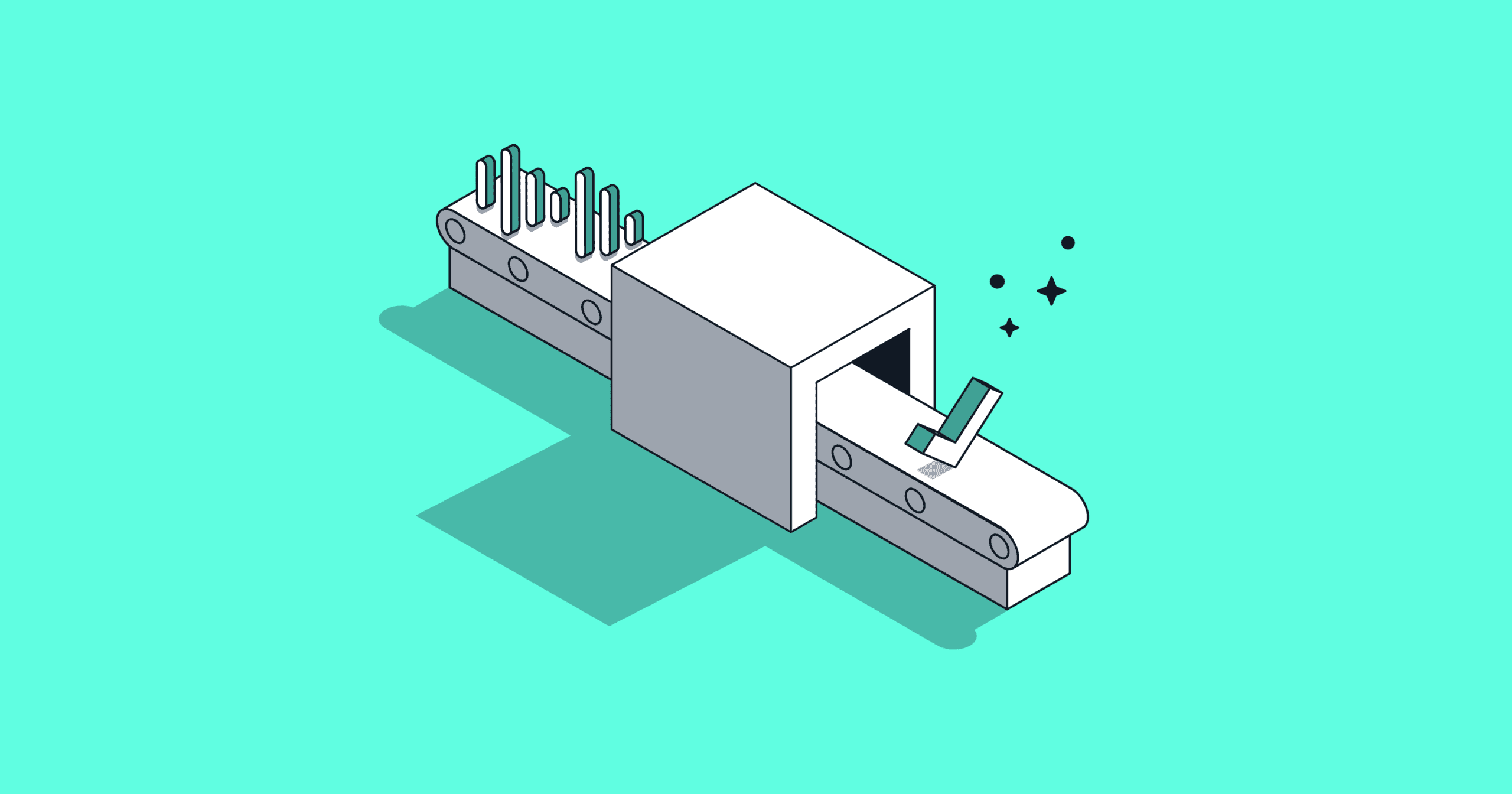 An illustration of sound bars heading into a machine and coming out as a check mark.