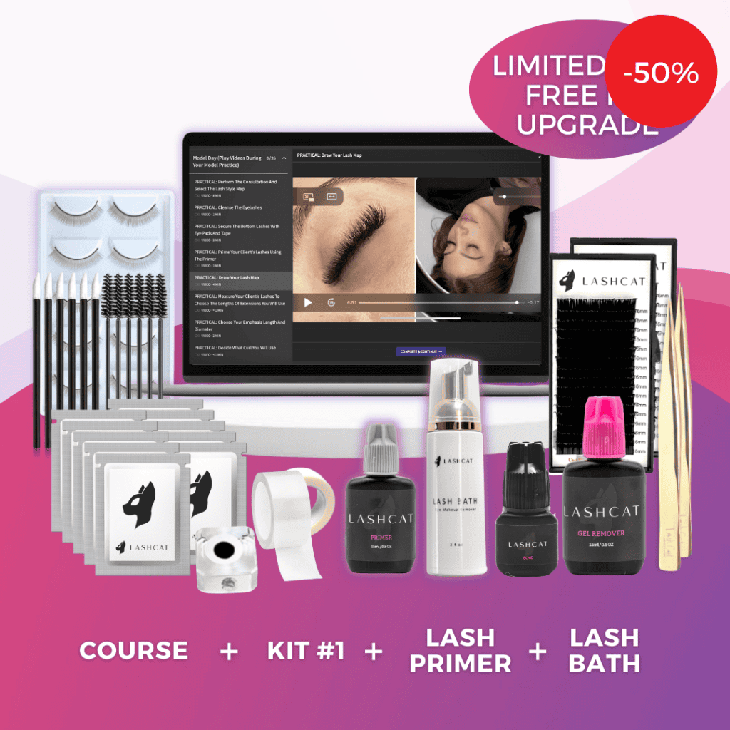 A laptop showing a eyelash extensions online course with a basic kit, lash primer and lash bath