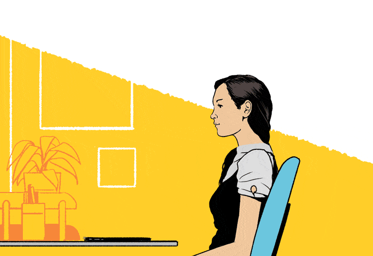 An illustration of a woman sitting at a desk, opening a laptop and having hundreds of white envelopes fly out of the screen towards her.