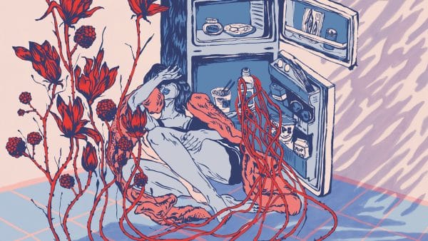 An illustration of a woman sitting on the floor in front of an open refrigerator, shielding her eyes. long, red tendrils are emerging from a bottle in the fridge and blooming into large, aggressive red flowers beside the woman
