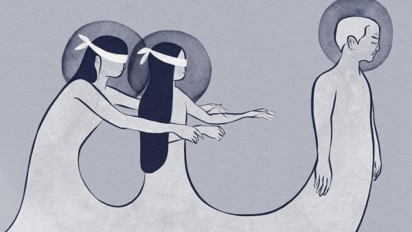 A greyscale illustration of two feminine figures with long black hair, both blindfolded, reaching towards an older masculine figure, who is looking away. the three figures join together into a single mass at the bottom of the image, and all have halos around their heads.