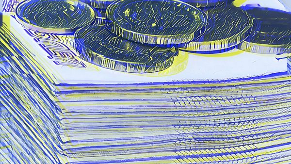 a stylised image of coins sitting on top of a wad of paper money