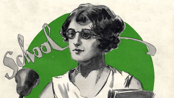 A black and white illustration from the 1930s of a young woman with dark hair and glasses holding a pair of books and a bell, out of which a stylised word "school" is emerging. She is framed by a green circle